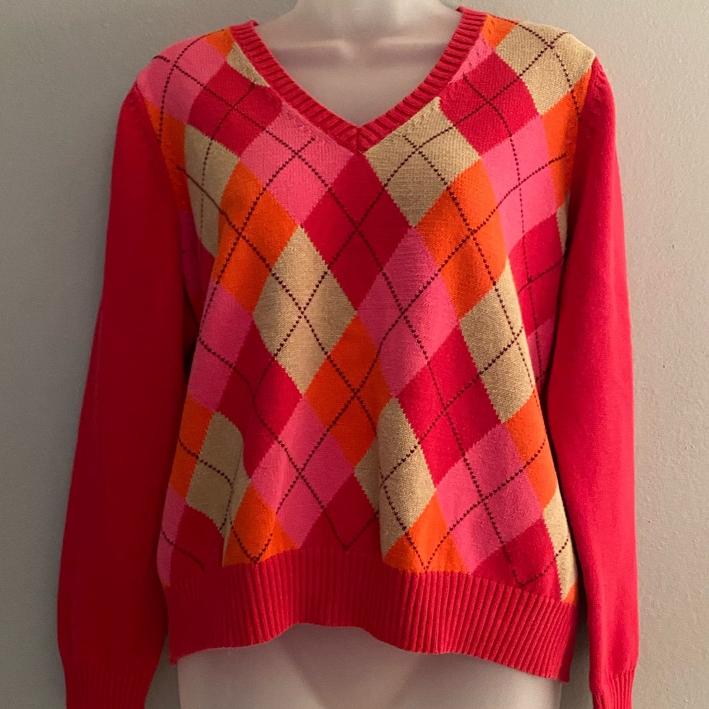 Rafaella Preppy V-Neck Argyle Sweater in Raspberry Red, Pink, Orange, & Beige